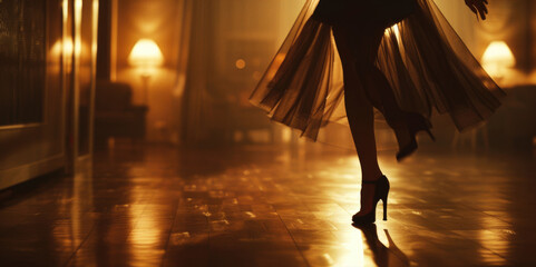 A woman in high heels walking down a hallway. Suitable for business or fashion concepts - obrazy, fototapety, plakaty