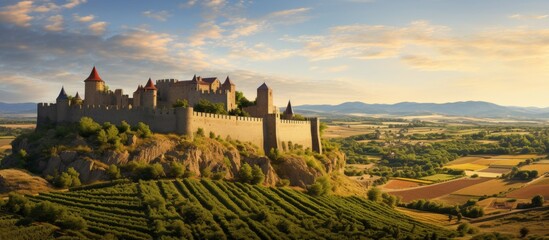 Majestic castle towering atop a hill overlooking a beautiful vineyard in the foreground - obrazy, fototapety, plakaty