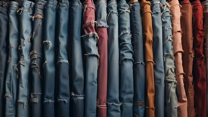 A unique and diverse collection of jeans textures, ranging from distressed and frayed to sleek and polished, each with its own distinct style and character.