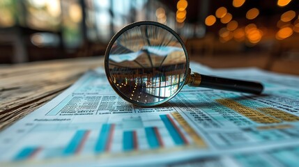 Business assessment and audit: magnifying glass placed on a financial report.