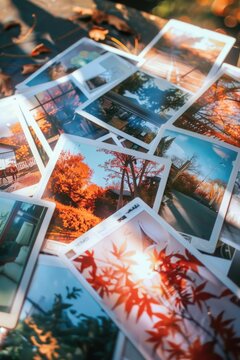 Various pictures scattered on a table, suitable for office or creative concept