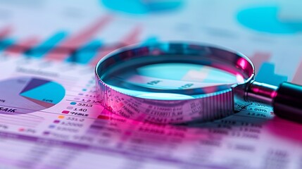 Business concept: magnifying glass on paper background with a chart.