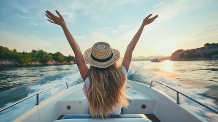 Woman with arms raised enjoying freedom on a boat at sunset. Travel and summer vacation concept - obrazy, fototapety, plakaty