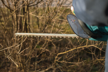 Close-up of a man using an electric brush cutter to cut off the branches in the garden on a spring...
