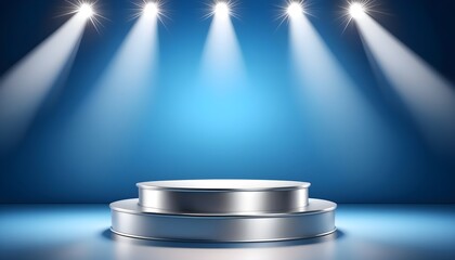 silver metal podium and backdrop in studio lighting blue background.