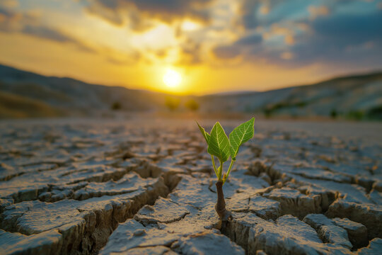Green plant sprouting in arid cracked desert at sunset