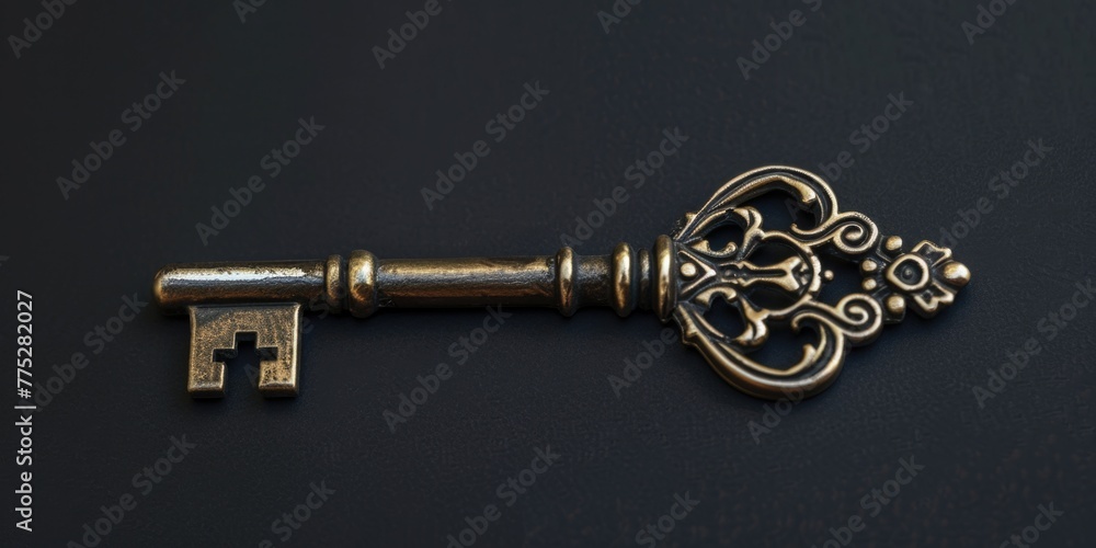 Poster a metal key sitting on top of a table. suitable for various concepts and designs