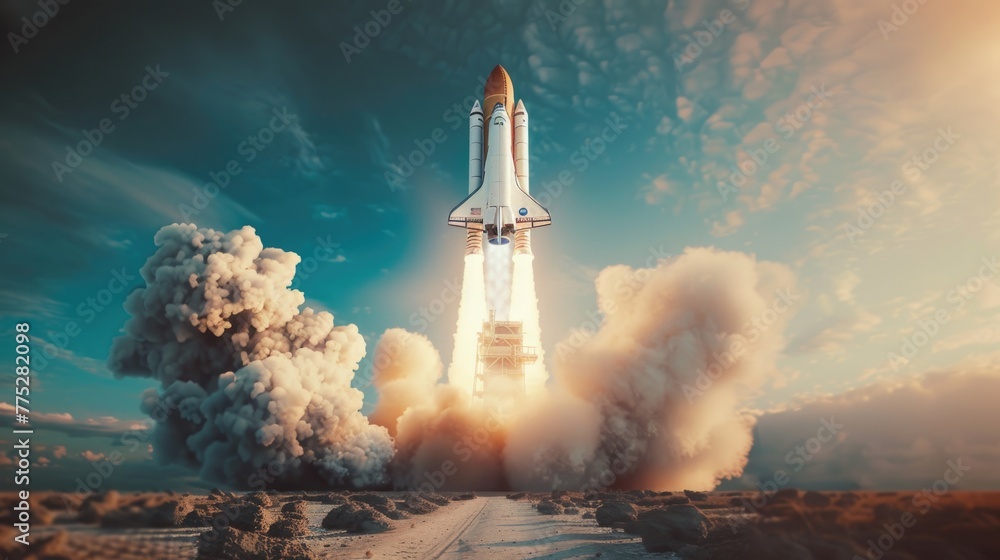 Poster A space shuttle launching into the sky. Suitable for science and technology concepts