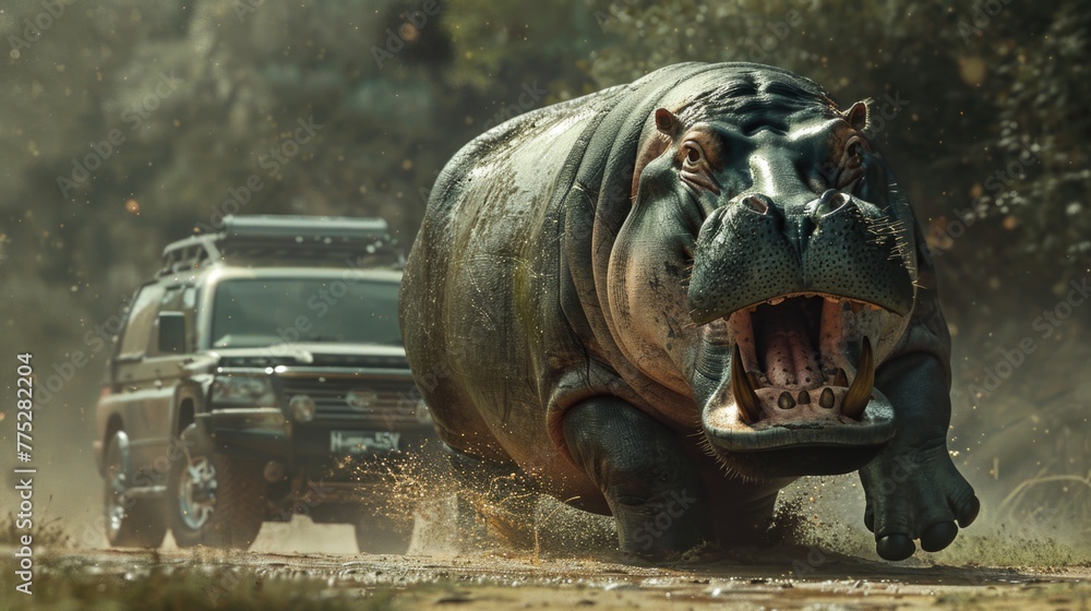 Poster A hippo running in front of a car. Suitable for wildlife and transportation concepts