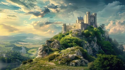 A majestic castle perched on a mountain top. Perfect for travel websites - obrazy, fototapety, plakaty