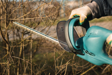 Close-up of a man using an electric brush cutter to cut off the branches of a bush. Working in the garden in Spring. - obrazy, fototapety, plakaty