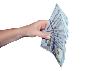 Finance currency people concept  close up of hand holding 100 dollar banknotes isolated on white background Hold stack 100 dollars USA money Copy space