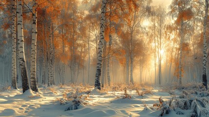   Sun shining through treetops in a snow-covered forest