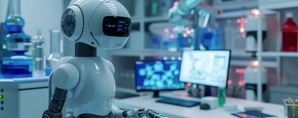 Humanoid robot in lab setting, working with cutting-edge technology and research equipment. A sleek white humanoid robot navigates through modern laboratory filled with high-tech research instruments - obrazy, fototapety, plakaty