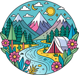 Vibrant Summer Camping and Outdoor Adventure Illustration