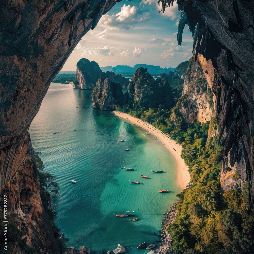 Poster a scenic view of a beach from inside a cave. suitable for travel and nature concepts