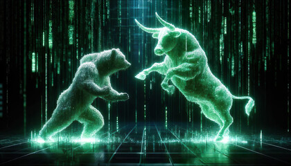 Holographic bear and bull figures, crafted from Matrix-style code, engage in a titanic digital duela - obrazy, fototapety, plakaty