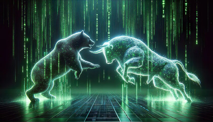 Holographic bear and bull figures, crafted from Matrix-style code, engage in a titanic digital duela