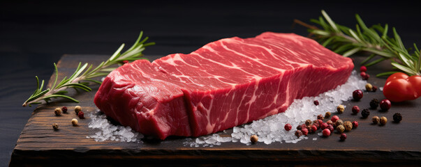 Raw beef steak on dark background with salt pepper and herbs