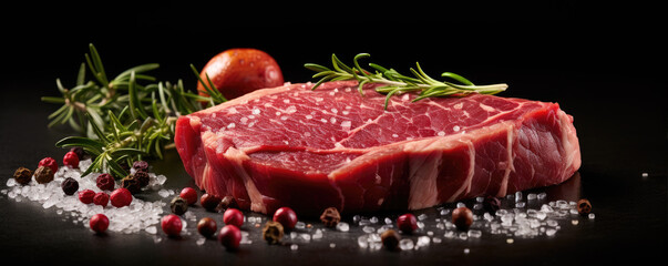 Raw beef steak on dark background with salt pepper and herbs