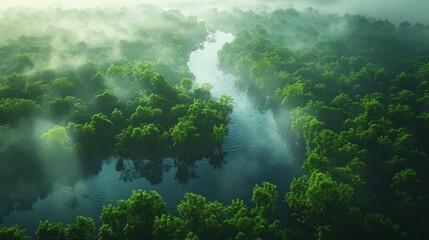 Tranquil river meandering through misty forest in breathtakingly realistic aerial perspective