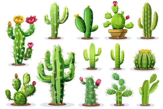 Various cactus plants and colorful flowers, ideal for nature-themed designs