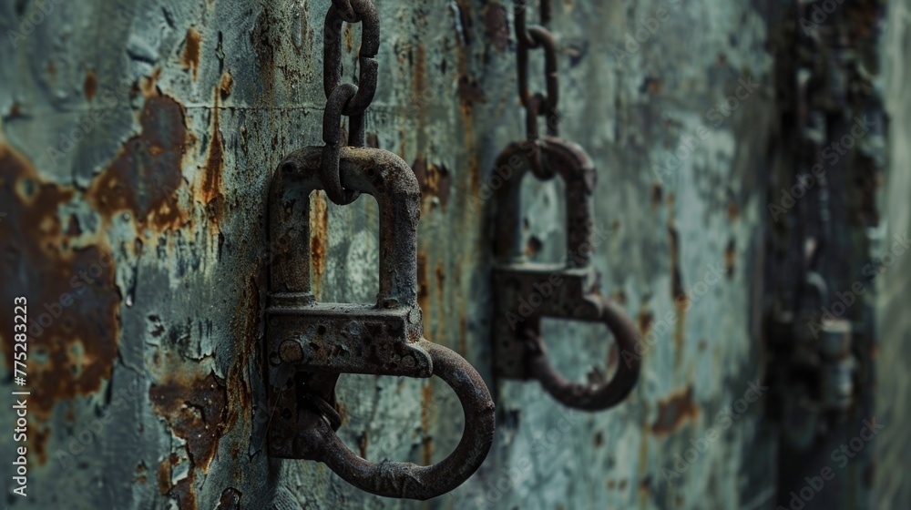 Poster close up of a chain on a wall, suitable for industrial or security concepts