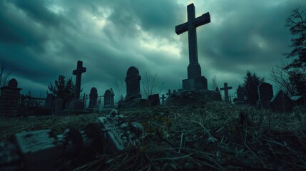 A cross standing in the center of a cemetery. Suitable for religious or spooky themes - obrazy, fototapety, plakaty