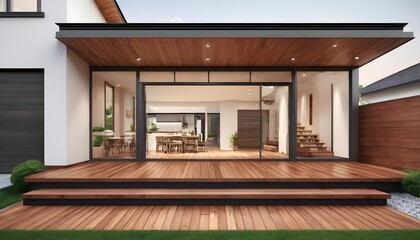 3D rendering of modern house with wooden deck floor at entrance and patio.