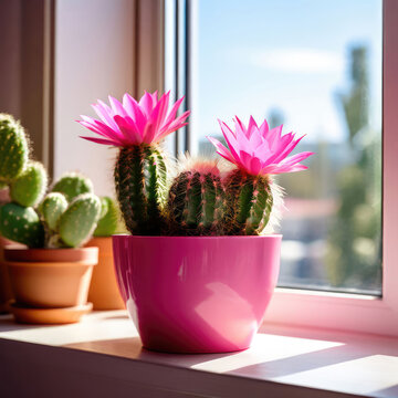 Pink cacus flowering in a floral pot. 