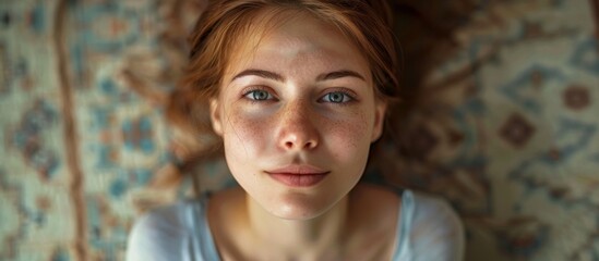 Woman with freckles looking directly - obrazy, fototapety, plakaty