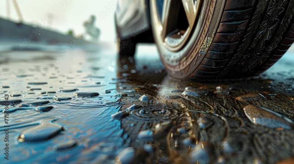 Poster detailed view of a tire on a wet surface, suitable for automotive or weather-related concepts