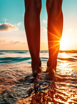 Human legs on sunset background above the sea waves. 
