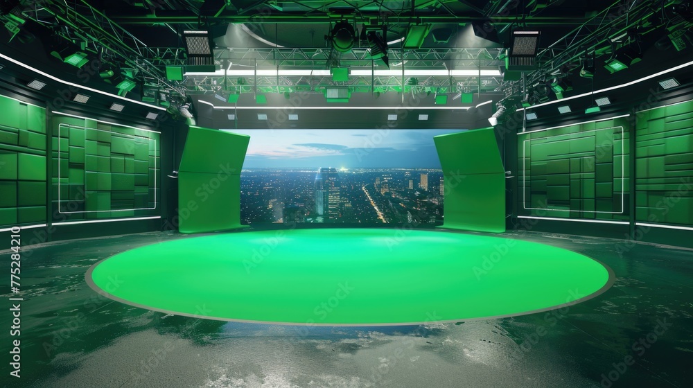 Poster a green screen is set up in a studio. ideal for video production