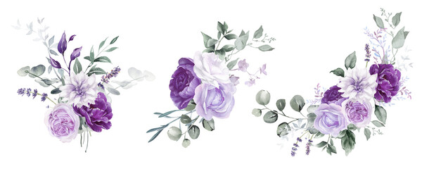 Watercolor floral bouquet clipart. Violet flowers and eucalyptus greenery illustration isolated on transparent background. Purple roses, lilac peony for  wedding stationary, greeting card - obrazy, fototapety, plakaty