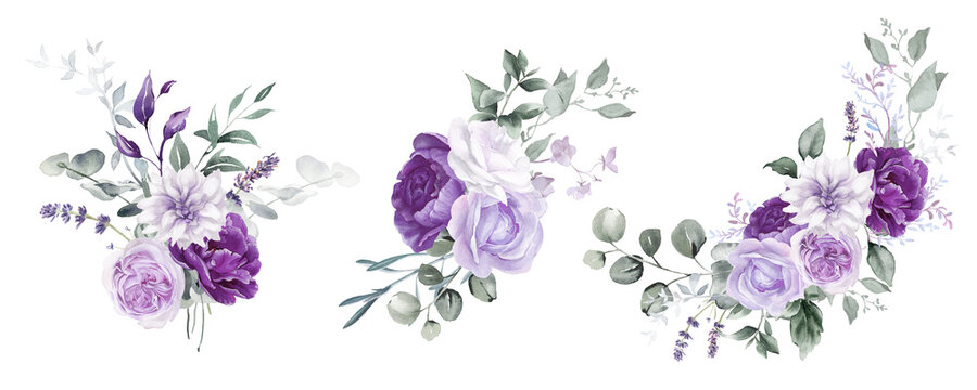 Watercolor floral bouquet clipart. Violet flowers and eucalyptus greenery illustration isolated on transparent background. Purple roses, lilac peony for  wedding stationary, greeting card