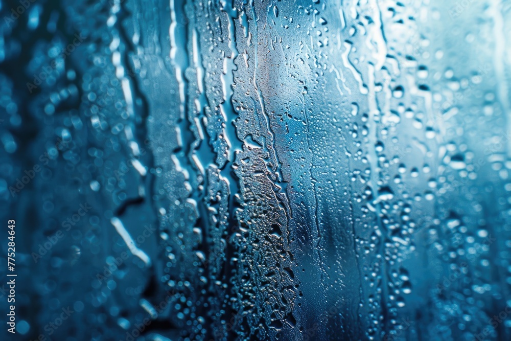 Poster Close-up of water droplets on a window. Ideal for use in weather-related graphics
