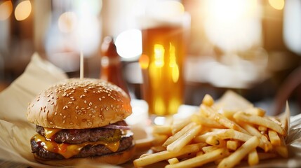 An appetizing burger with perfectly golden fries and a refreshing drink on a modern cafe tabletop, artistically photographed with a shallow depth of field