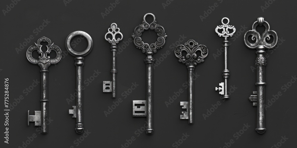 Poster collection of old keys on a wooden table, versatile for various concepts