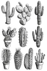 A collection of cactus plants in different pots. Suitable for gardening and home decor concepts
