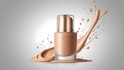 Realistic Liquid makeup foundation bottle mock up with cosmetic cream splash isolated on transparent background