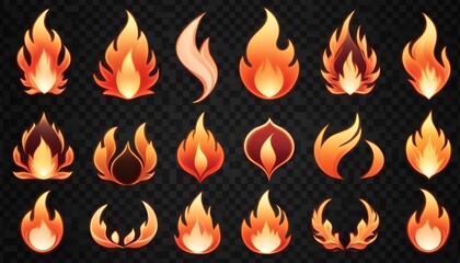 Set of flame design elements on transparent PNG background