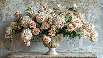  Vase with pink and white flowers on wooden table in front of wall