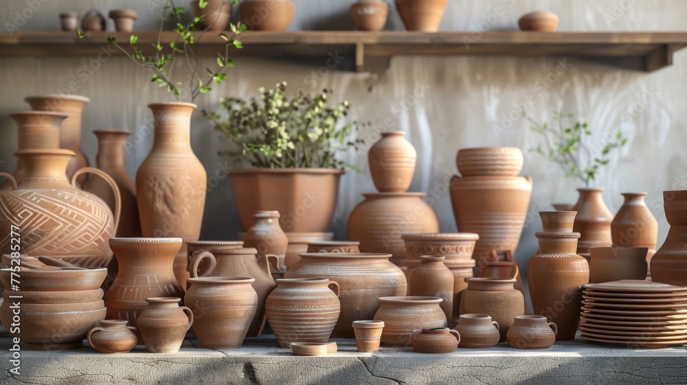 Poster a collection of clay vases on a table, suitable for interior design projects