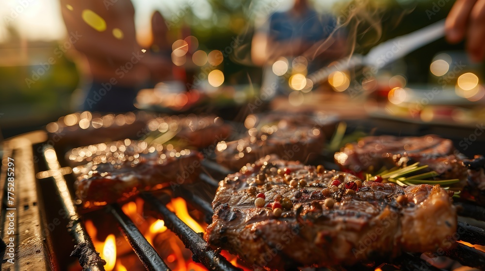 Wall mural close-up shot of succulent grilled meat on a barbecue grill, with friends and family enjoying a fest