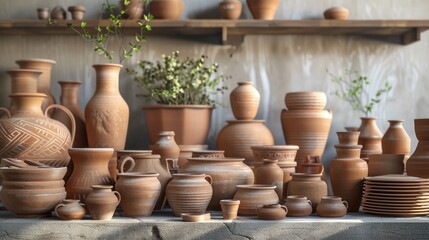 Fototapeta na wymiar A collection of clay vases on a table, suitable for interior design projects