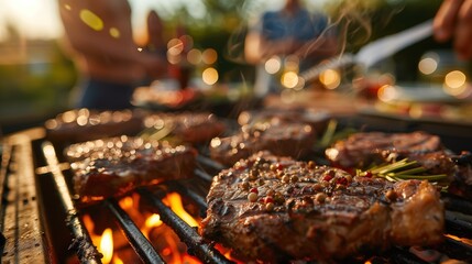 Close-up shot of succulent grilled meat on a barbecue grill, with friends and family enjoying a festive atmosphere in the background - obrazy, fototapety, plakaty