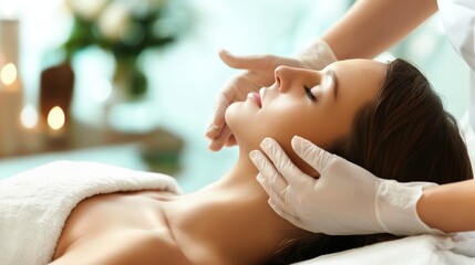 Obraz na płótnie Canvas Beauty body spa female woman eyes closed face massage health relaxation personal care treatments