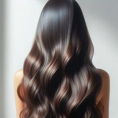 Long dark hair from the back, dark chocolate. Hair dyeing - obrazy, fototapety, plakaty