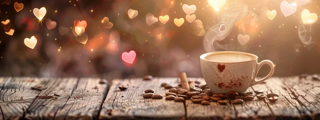 Foto op Plexiglas Steam rising from a freshly poured cup of coffee, set against the backdrop of a weathered wooden surface sprinkled with heart motifs, top view © LaxmiOwl